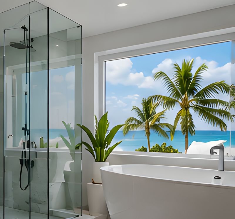 Marble walk-in shower with frameless glass beside a freestanding tub and a window looking out on palm trees and the beach