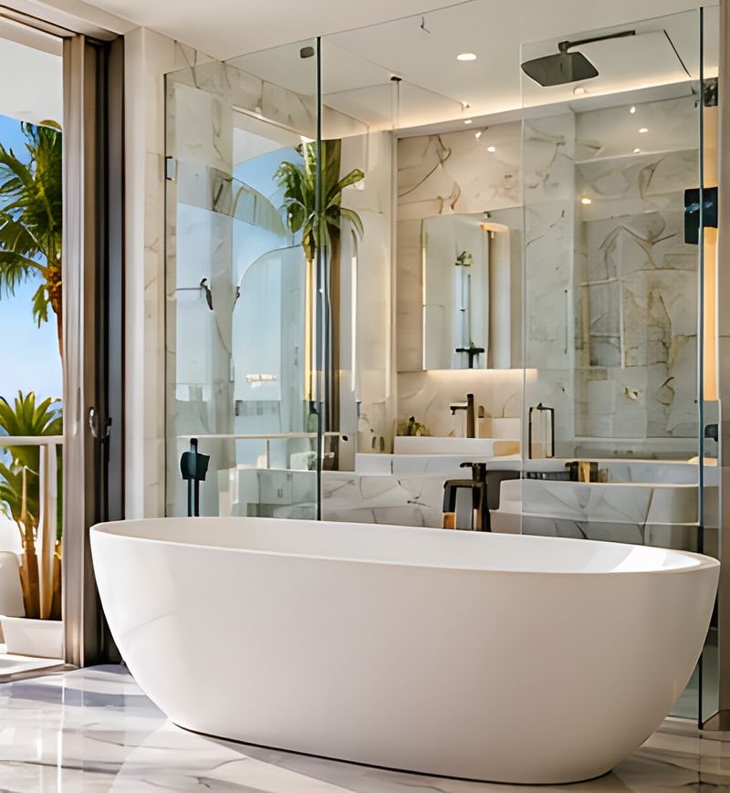 Freestanding white bathtub in front of large windows with an ocean and skyline view, next to a glass shower